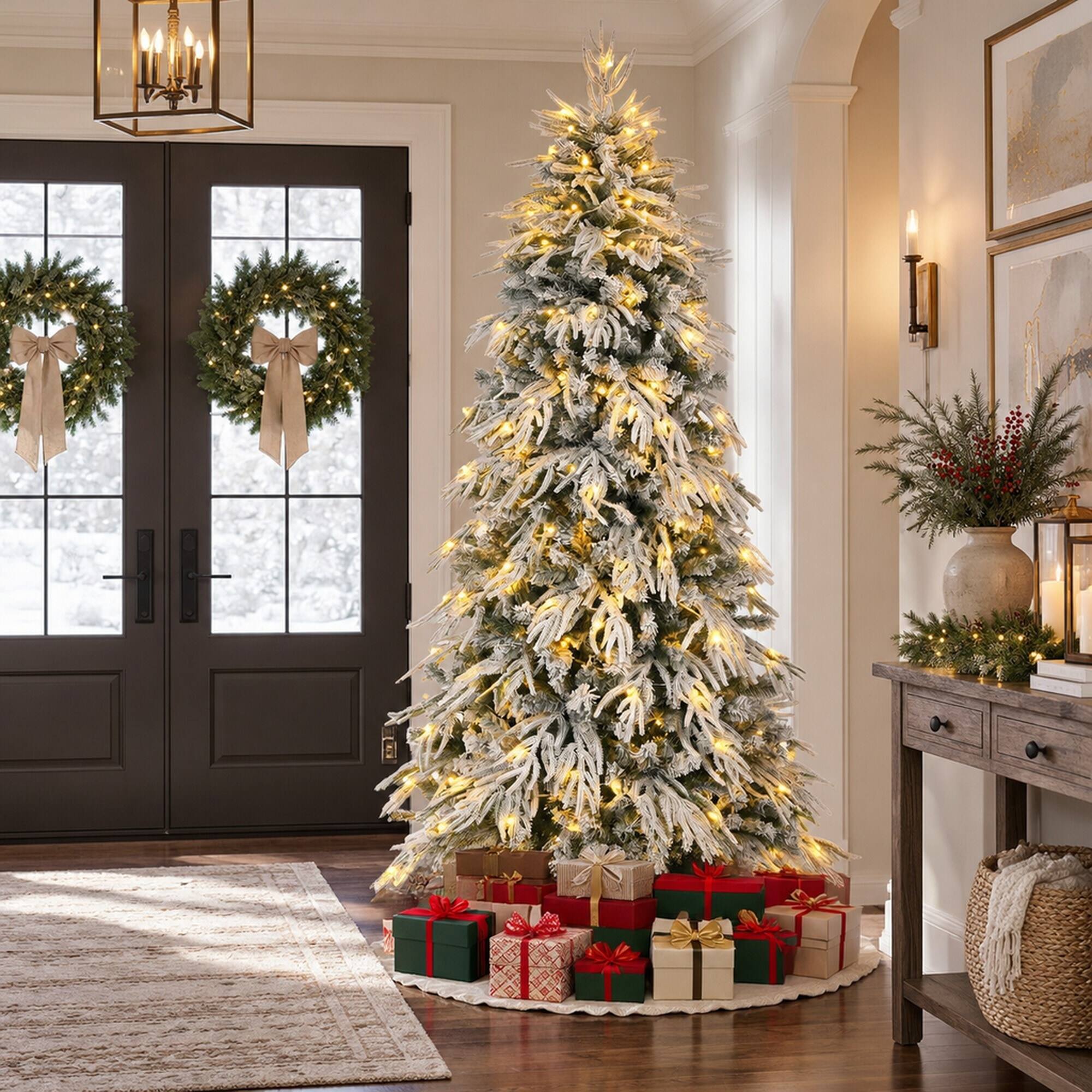 Alt View 2. RYHNUYNE - 7FT Pre-Lit Slim Flocked Christmas Tree With 250 Warm White LED Lights and 767 Tips, Metal Stand for Narrow Spaces - White.