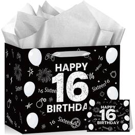 Paradigms Interiors - 13th Birthday Gift Bag For Teenager Happy Party Bags With Wrapping Paper Greeting Card Black White Bday Dec - 16th Birthday Gift Bag