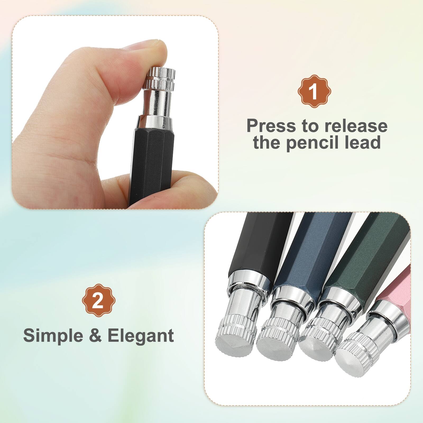 1. Press to release the pencil lead
2. Simple & Elegant