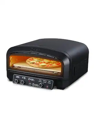 The text on the image shows a pizza oven with the following details:
- Temperature: 280°C
- Time: 4 minutes 70 seconds
- Display: 04:00
The oven is in use, baking a pizza.