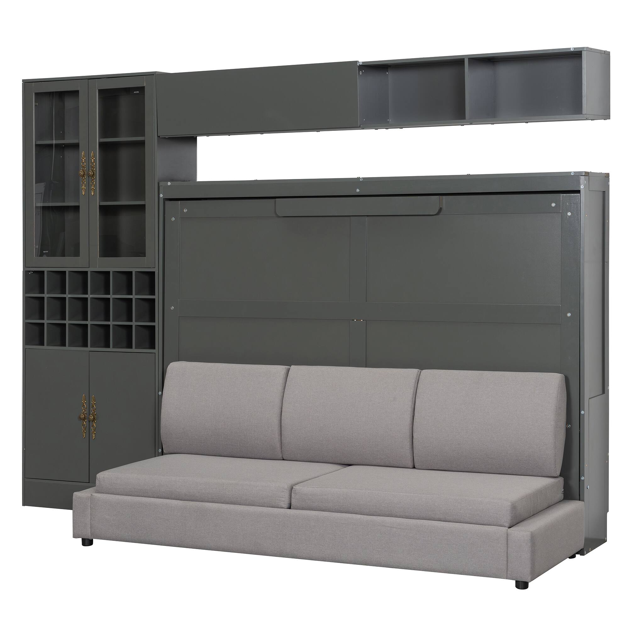 Alt View 4. Tiramisubest - Full Size Murphy Bed with Sofa, Shelves, USB & Light, Gray, MDF+LVL - Gray.