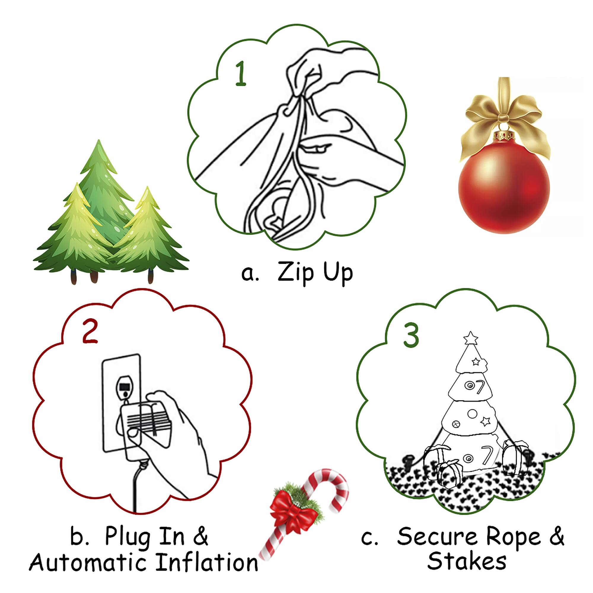 1. A. Zip Up
2. B. Plug In & Automatic Inflation
3. C. Secure Rope & Stakes
