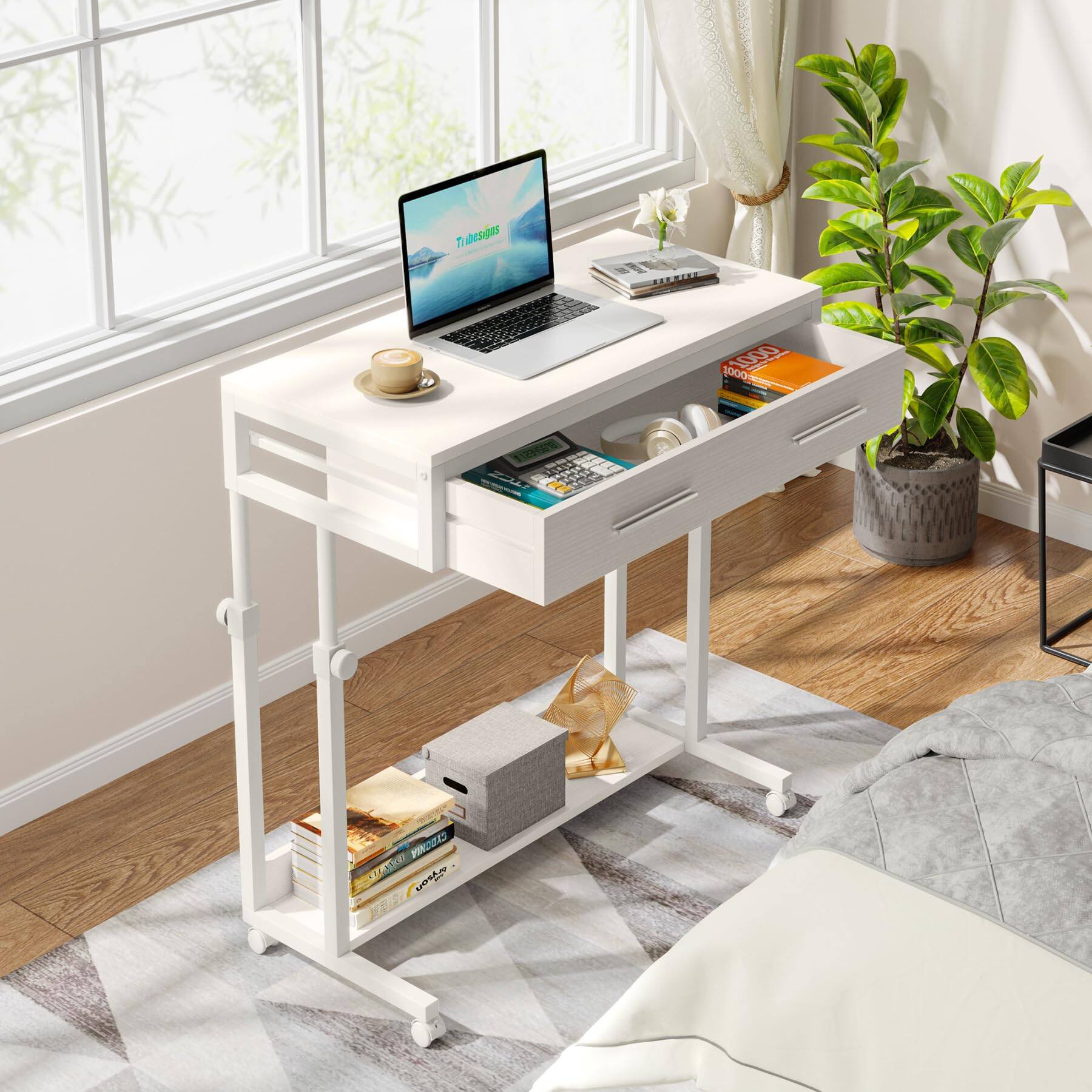 Tribesigns - 31.5-Inch Mobile Laptop Desk with Wheels and Metal Frame for Home Office Work, Study or Computer Tasks - White