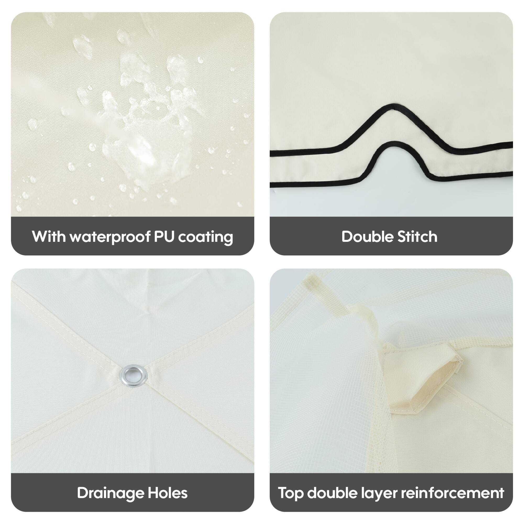 - With waterproof PU coating
- Double Stitch
- Drainage Holes
- Top double layer reinforcement