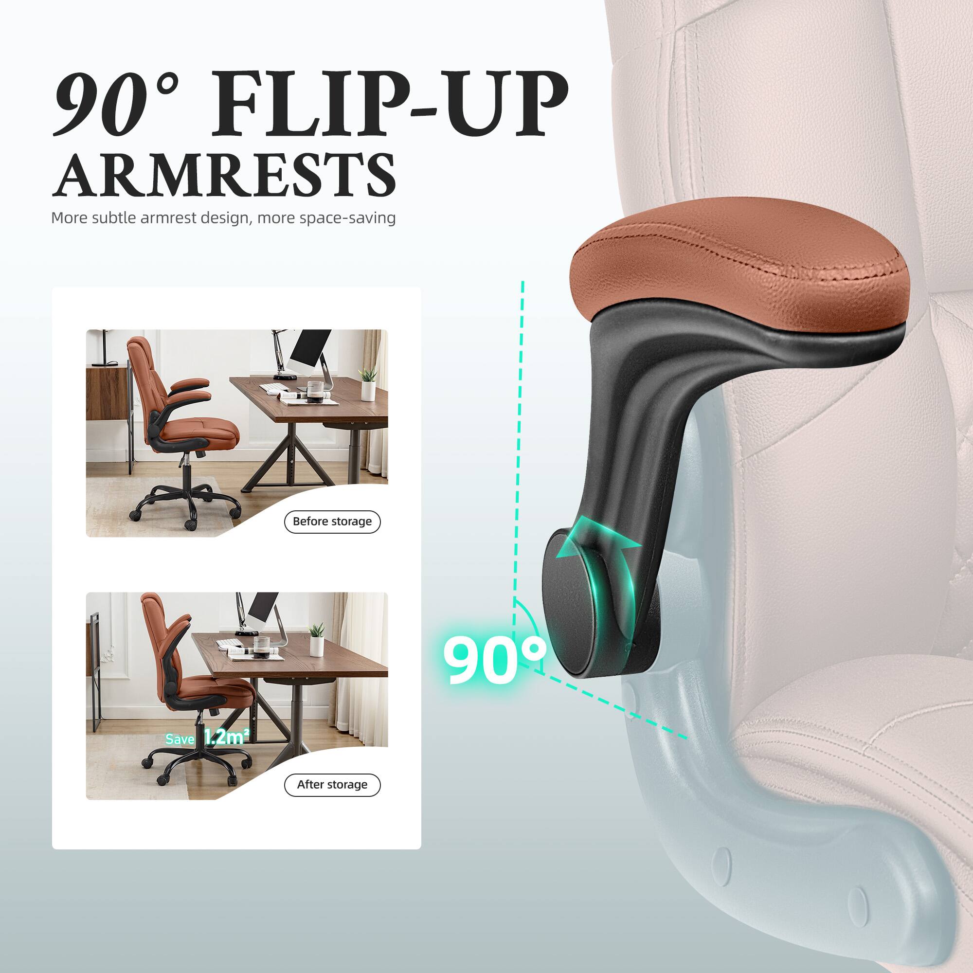 90° FLIP-UP ARMRESTS  
More subtle armrest design, more space-saving

Before storage

90°

After storage  
Save 1.2m