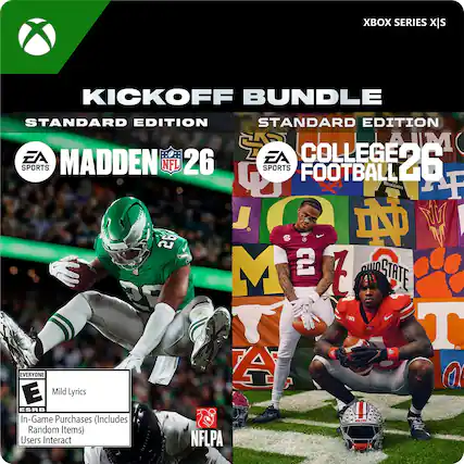 XBOX SERIES X|S
KICKOFF BUNDLE
STANDARD EDITION
EA SPORTS MADDEN NFL 26
STANDARD EDITION
EA SPORTS COLLEGE FOOTBALL 26
EVERYONE E
Mild Lyrics
In-Game Purchases (Includes Random Items)
Users Interact
NFLPA - E (Everyone)