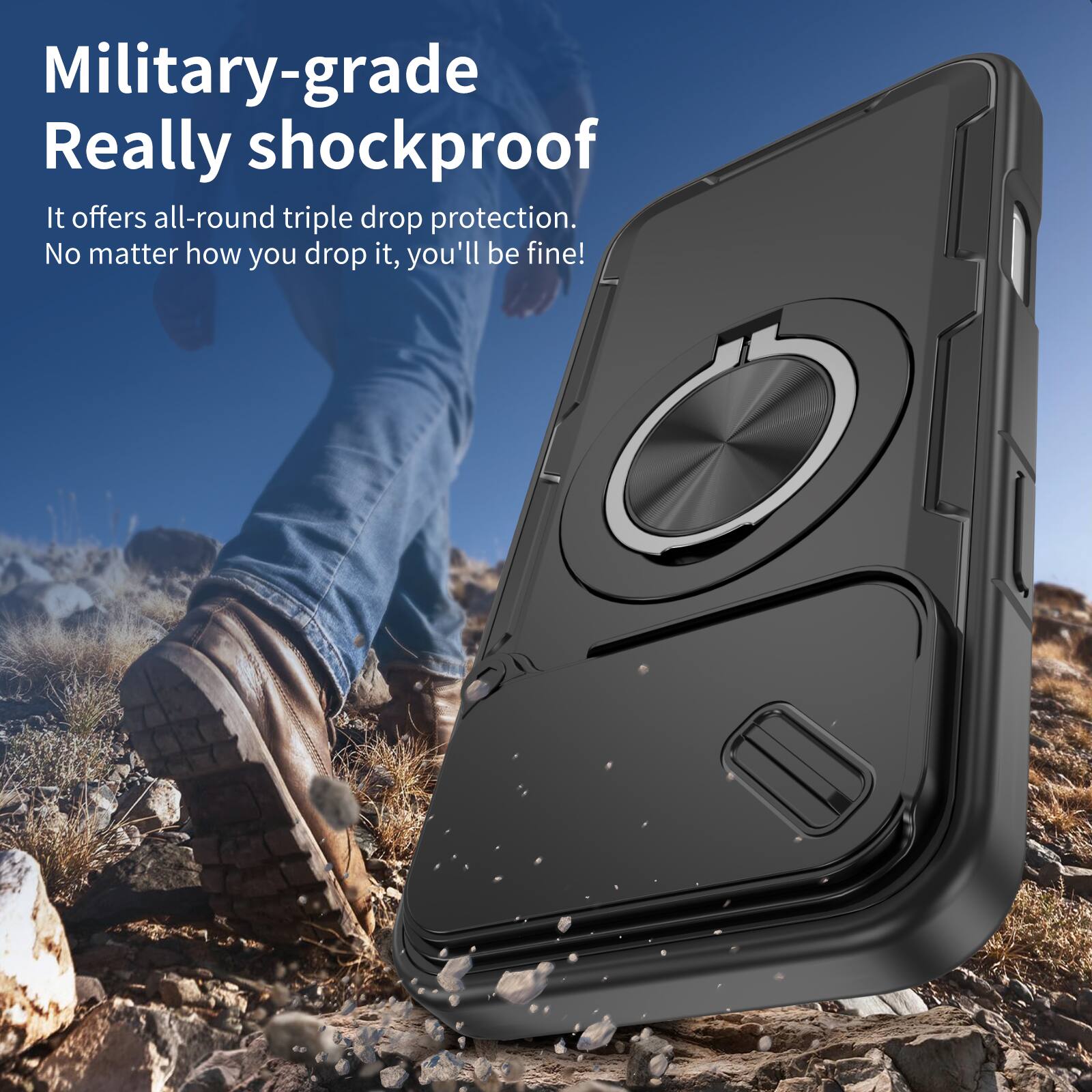 Military-grade Really shockproof.  
It offers all-round triple drop protection.  
No matter how you drop it, you'll be fine!
