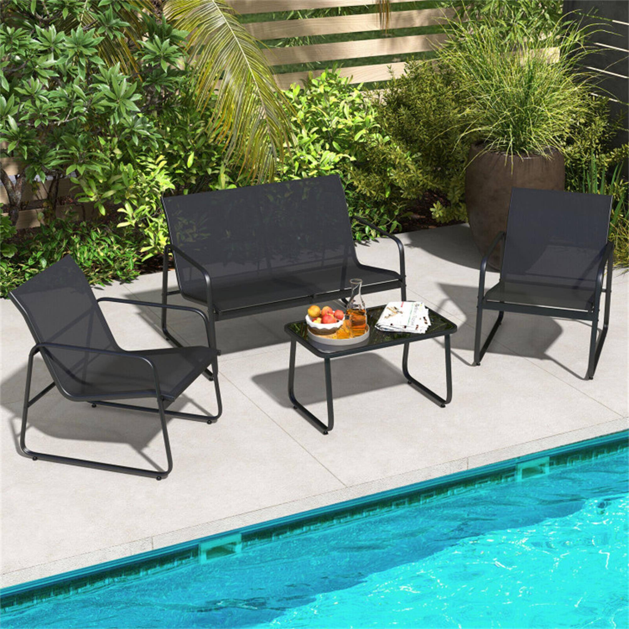 Alt View 1. Boyel Living - Black 4 Pieces Outdoor Conversation Set with Tempered Glass Coffee Table 45-in L x 30-in W x 29.5-in H - Black.