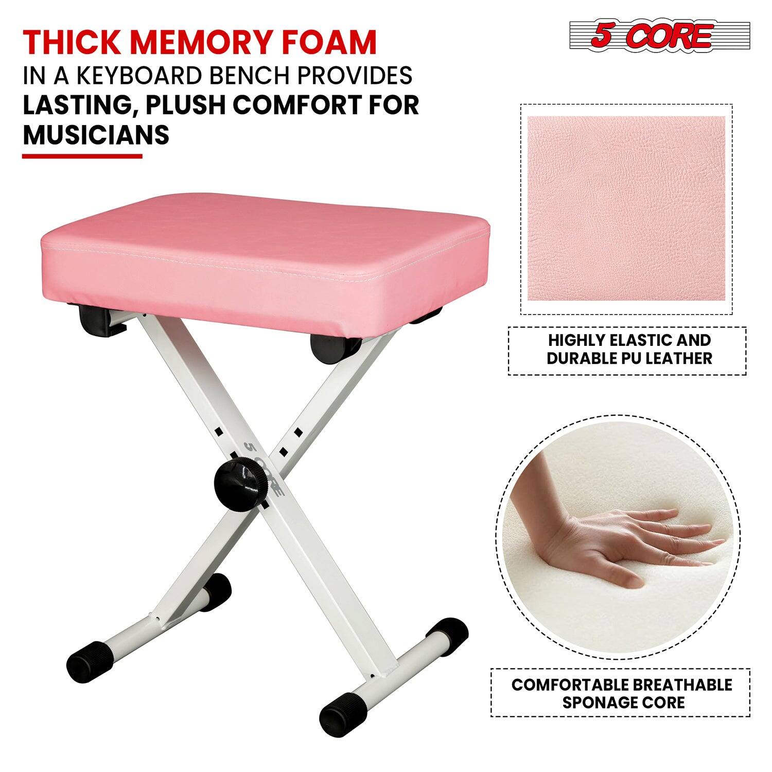 THICK MEMORY FOAM IN A KEYBOARD BENCH PROVIDES LASTING, PLUSH COMFORT FOR MUSICIANS 5 CORE HIGHLY ELASTIC AND DURABLE PU LEATHER COMFORTABLE BREATHABLE SPONAGE CORE