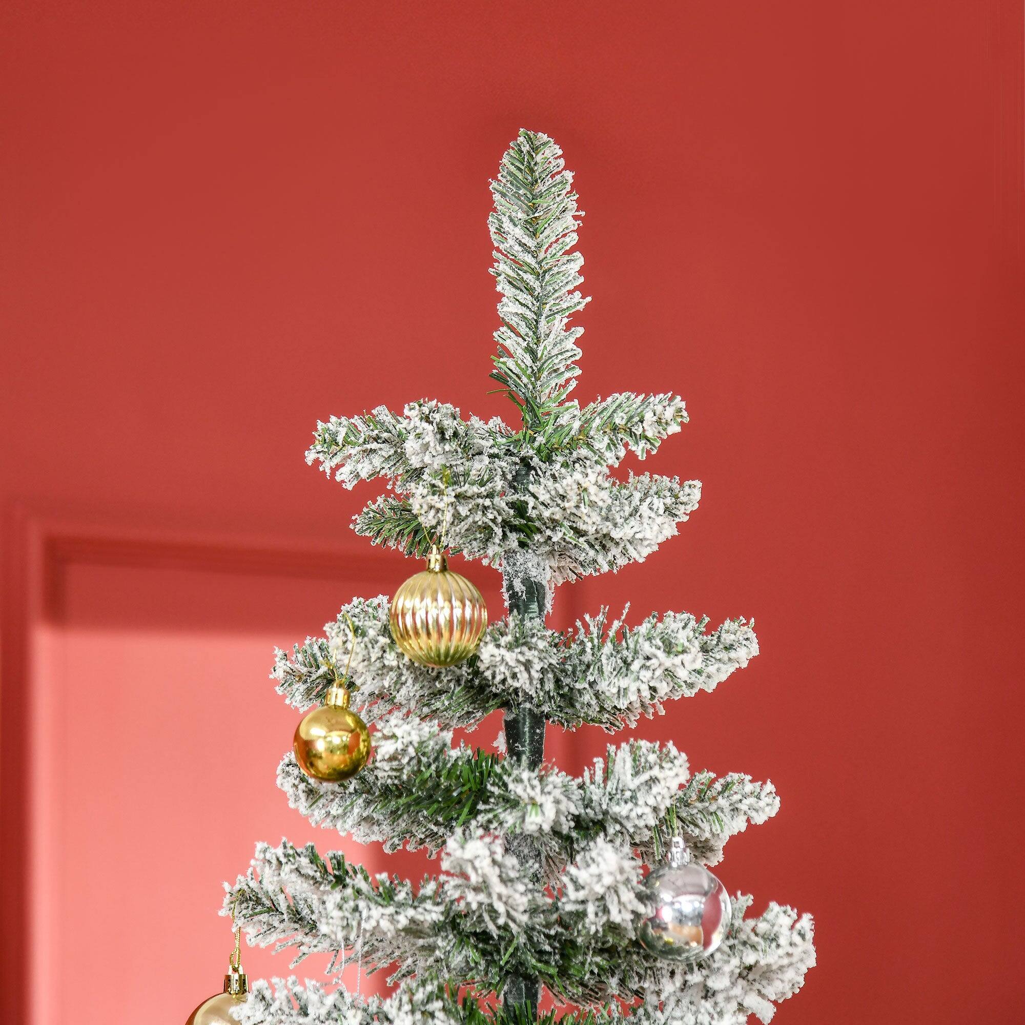 Back. BreeBe - 7.5ft Unlit Snow-Flocked Slim Pine Artificial Christmas Tree with Realistic Branches and 668 Tips - Green.