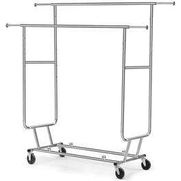 Hivvago - Heavy Duty Double Bar Clothes Hanging Garment Rack on Lockable Wheels - Silver