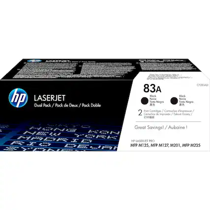 **HP LASERJET Dual Pack / Pack de Deux / Pack Doble CF283AD**
**83A Black / Noir / Tinta Negra**
**Print Cartridges / Cartouches d'impression / 2 Cartuchos de Impresión / Tiskové Kazy / 打印碳粉**
**Great Savings! / Aubaine!**
**HP LASERJET PRO MFP M125, MFP M127, M201, MFP M225**