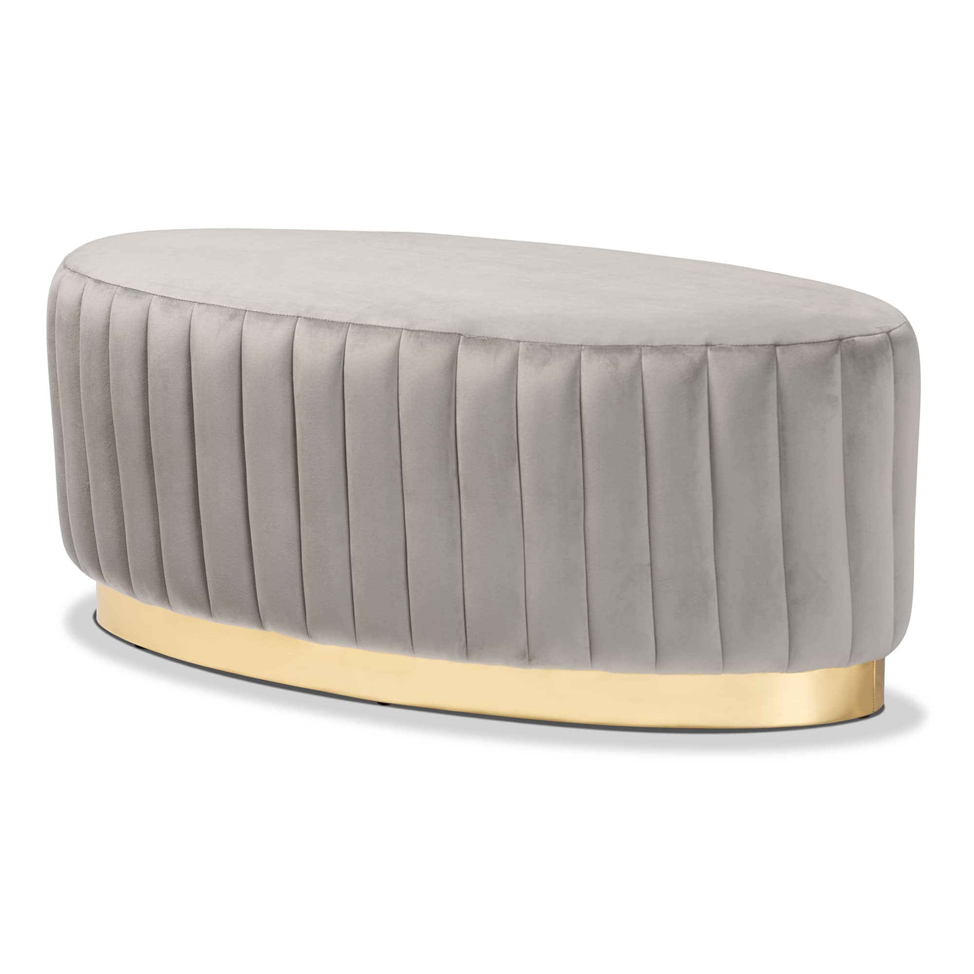 Baxton Studio - Kirana Glam and Luxe Velvet Fabric Upholstered and Gold PU Leather Ottoman - Grey/gold