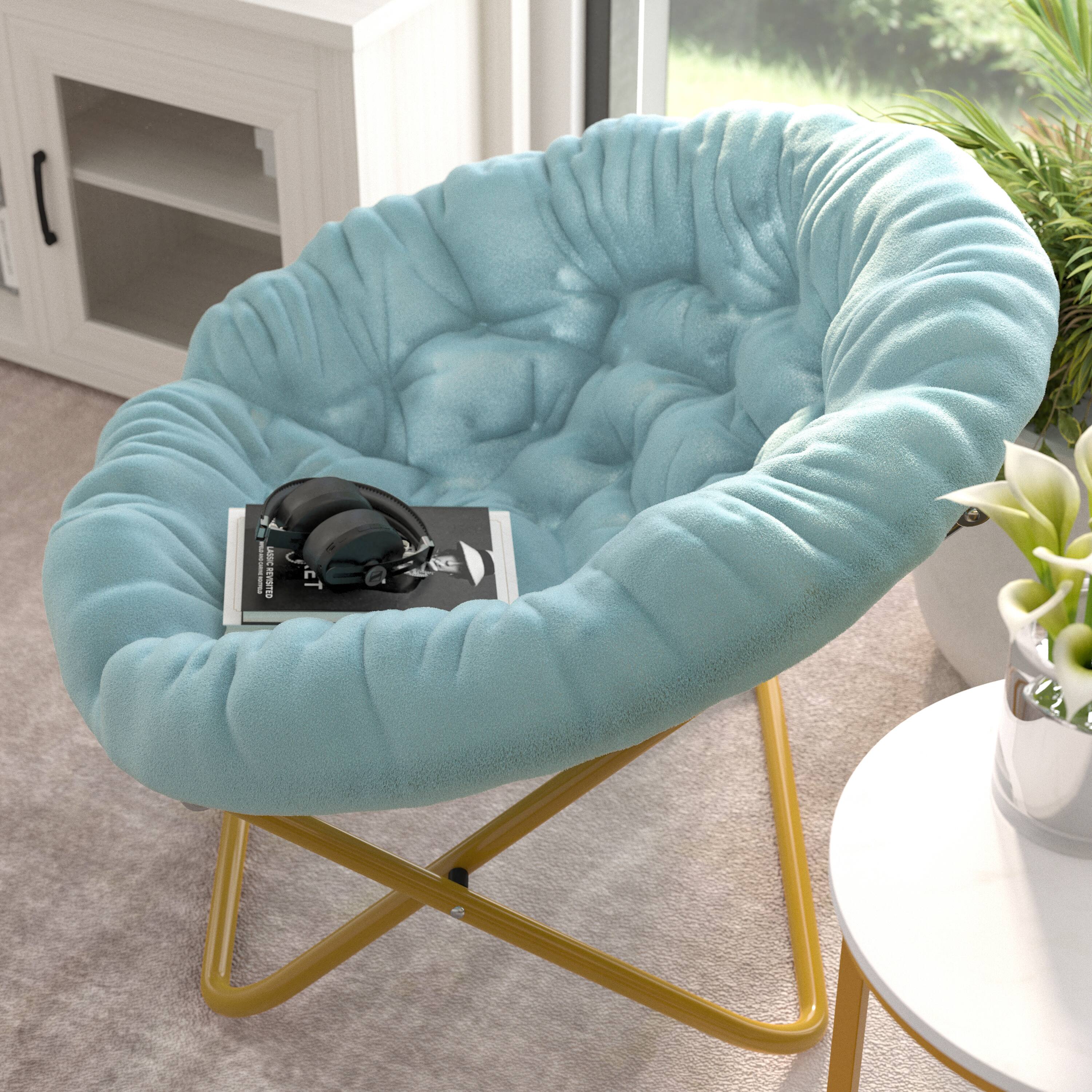 Alt View 3. Emma + Oliver - Ersa Oversize Folding Saucer Chair with Cozy Faux Fur Cushion and Metal Frame for Dorms, Bedrooms, Apartments and More - Dusty Aqua Faux Fur/Soft Gold Frame.