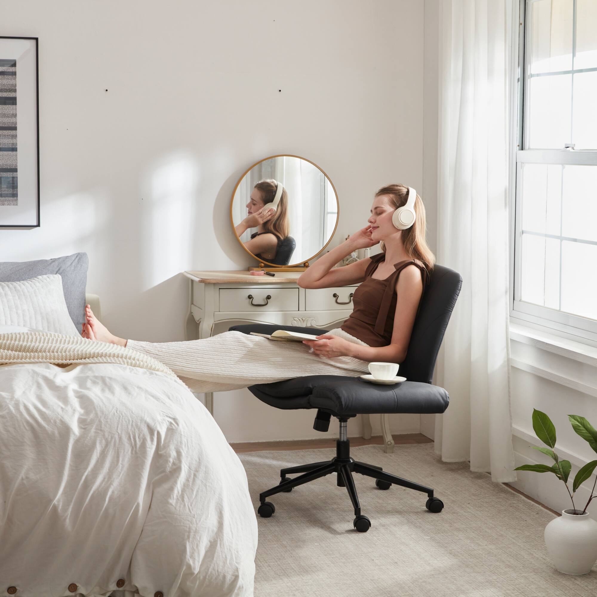 Alt View 3. Dowinx - Criss Cross Chair with Five-Level Adjustable Arms and Wheels, Comfortable Ergonomic PU Leather Swivel Vanity Chair - Black.