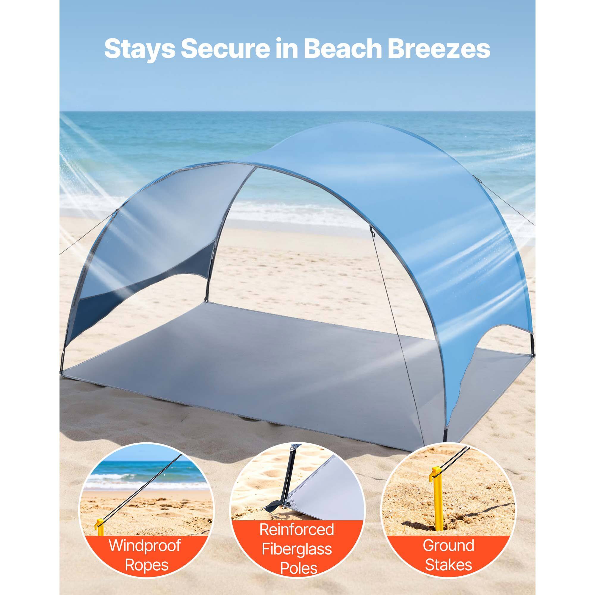Stays Secure in Beach Breezes  
Windproof Ropes  
Reinforced Fiberglass Poles  
Ground Stakes