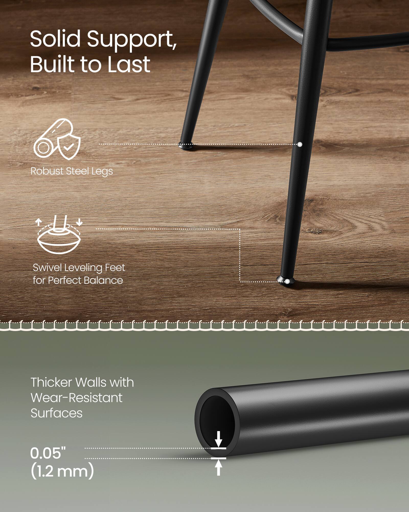 Solid Support, Built to Last  
Robust Steel Legs  
Swivel Leveling Feet for Perfect Balance  
Thicker Walls with Wear-Resistant Surfaces  
0.05" (1.2 mm)