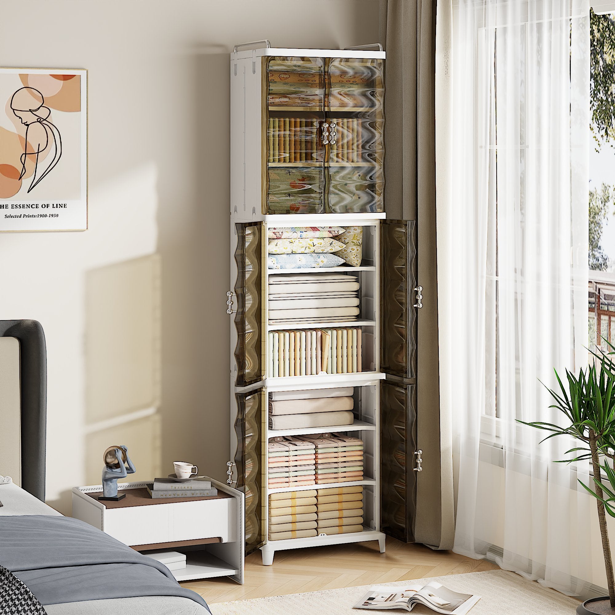 Vecelo - 9-Tier Foldable Plastic Storage Cabinet with Magnetic Doors, Adjustable Shelves, Portable Stackable Modular Organizer - Brown