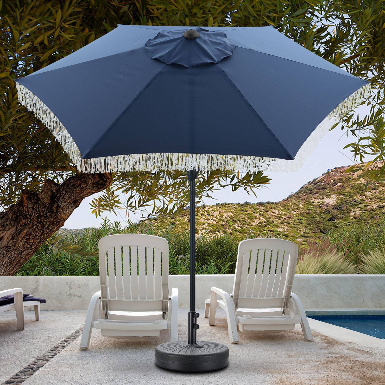 Angle. Ainfox - Ainfox 7.5ft Patio Umbrella with Fringe for Event Outdoor Garden Yard Deck Wedding Themed Restaurant Cafe Bistro Set - Navy Blue.