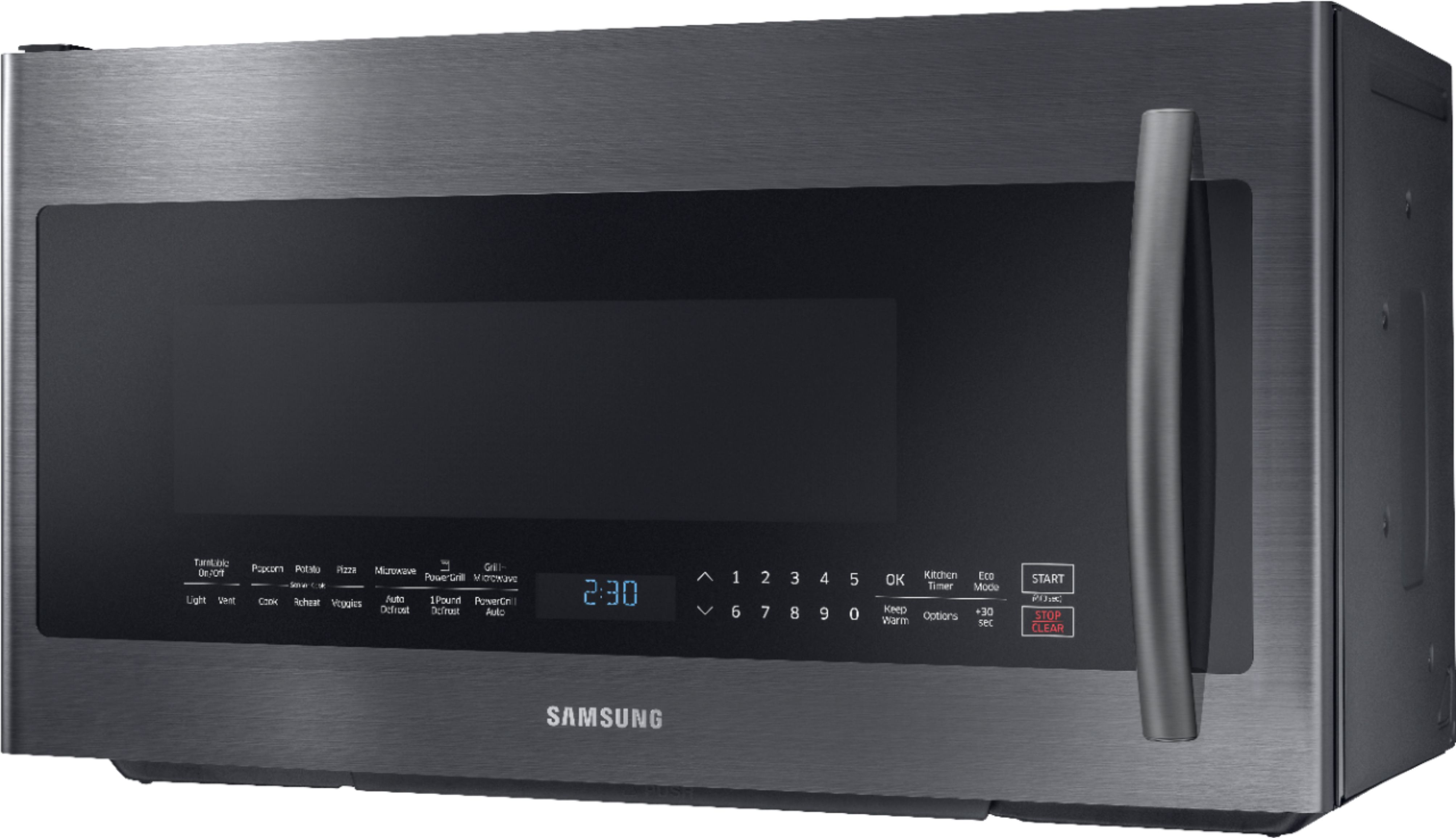 Left View: Samsung - 2.1 Cu. Ft.  Over-the-Range Microwave with Sensor Cook - Black stainless steel