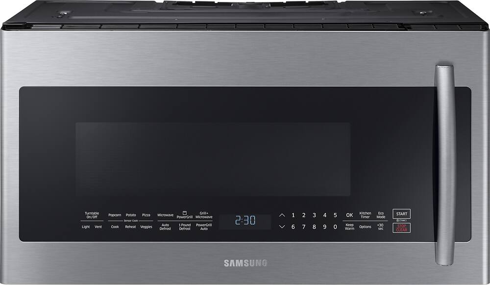 Front. Samsung - 2.1 Cu. Ft. Grilling Over-the-Range Microwave with Sensor Cooking - Stainless steel.