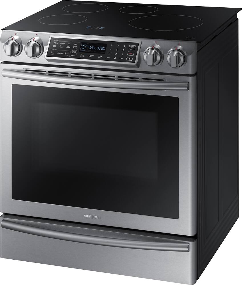 Left View: Samsung - 5.8 Cu. Ft. Electric Induction Self-Cleaning Slide-In Smart Range with Convection - Stainless Steel