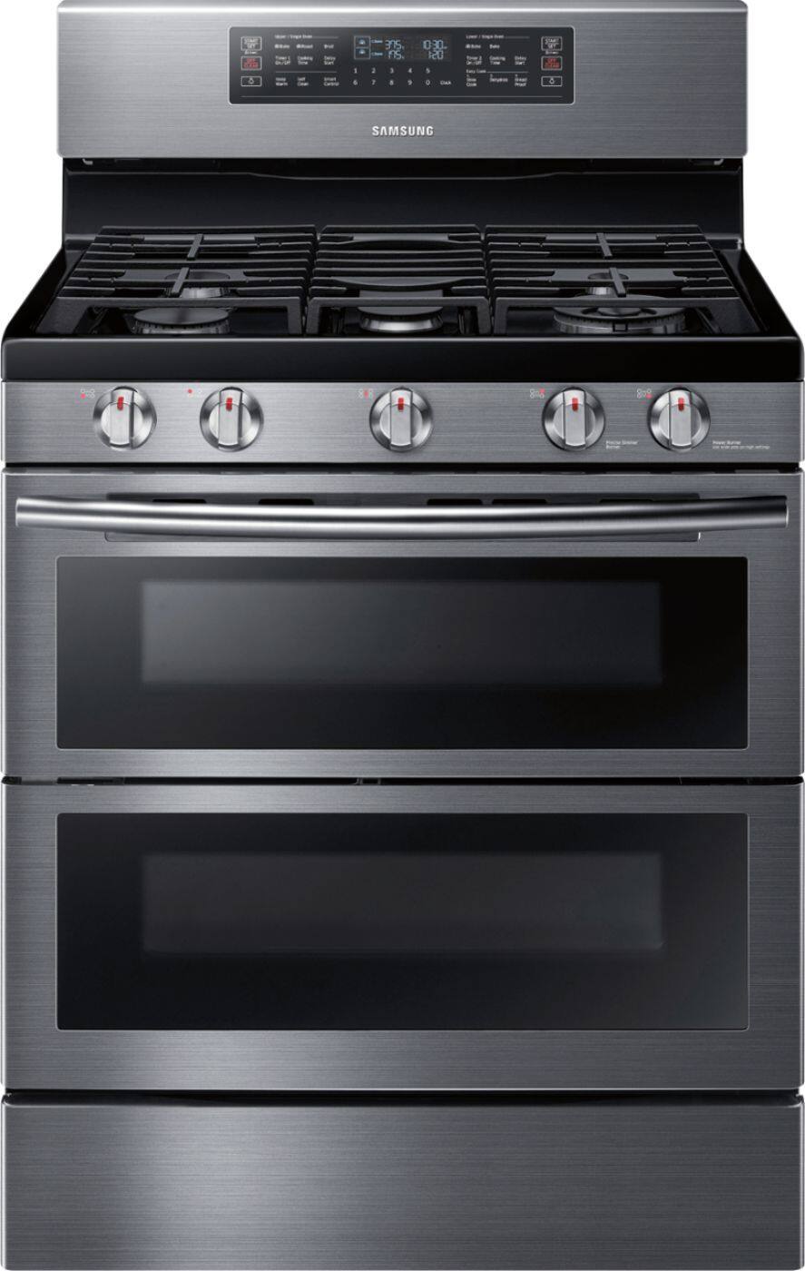 Front. Samsung - Flex Duo 5.8 Cu. Ft. Self-Cleaning Freestanding Fingerprint Resistant Gas Convection Range - Black Stainless Steel.