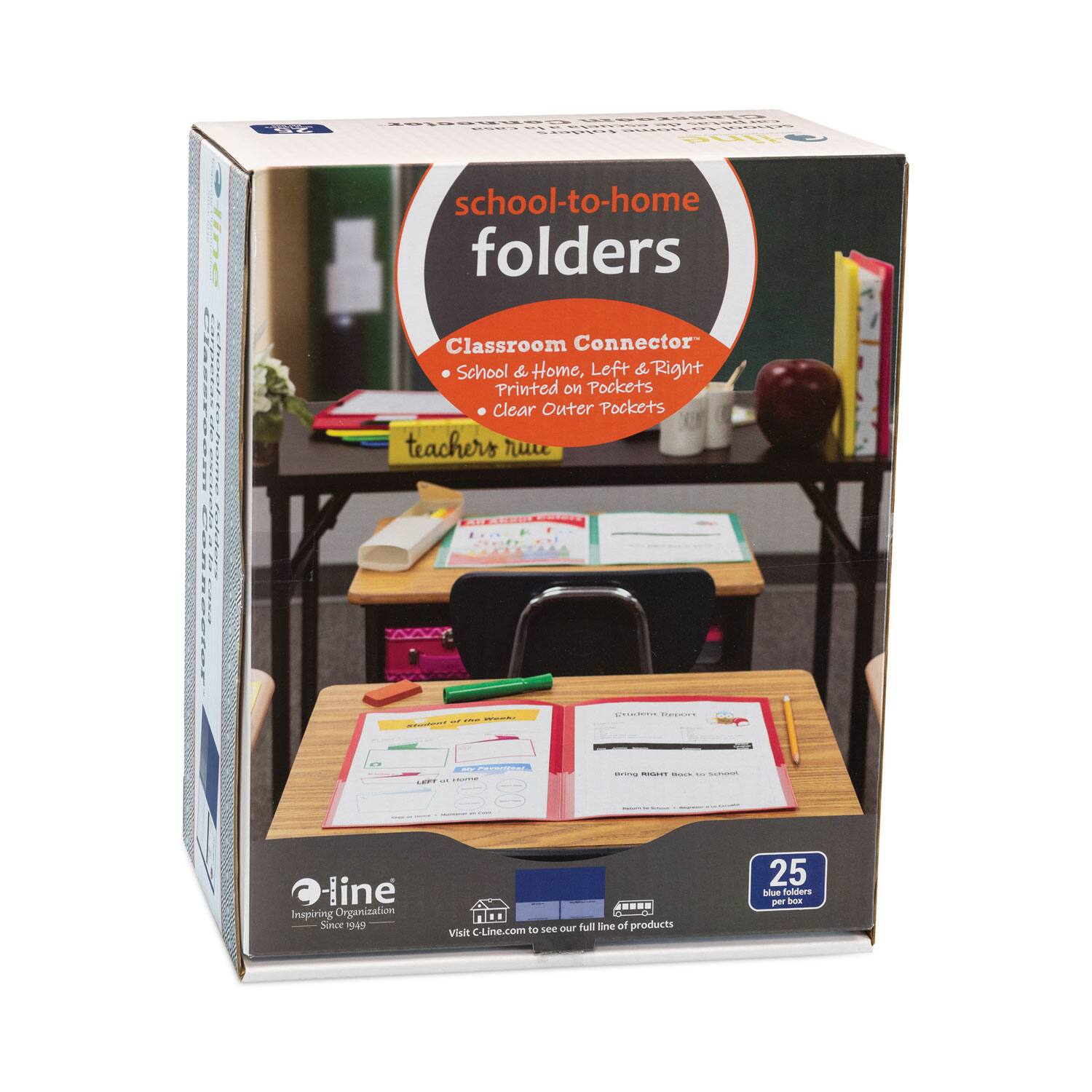 school-to-home folders  
Classroom Connector  
School & Home, Left & Right  
Printed on Pockets  
Clear Outer Pockets  
teachers rule  

C-line  
Inspiring Organization  
Since 1949  

Visit C-Line.com to see our full line of products  

25 blue folders per pack
