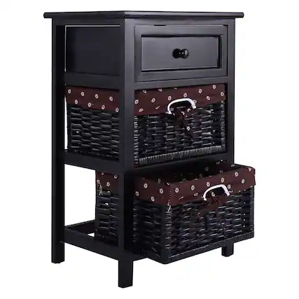 Front. Costway - Black Night Stand 3 Tiers 1 Drawer Bedside End Table Organizer Wood with 2 Baskets - Black.