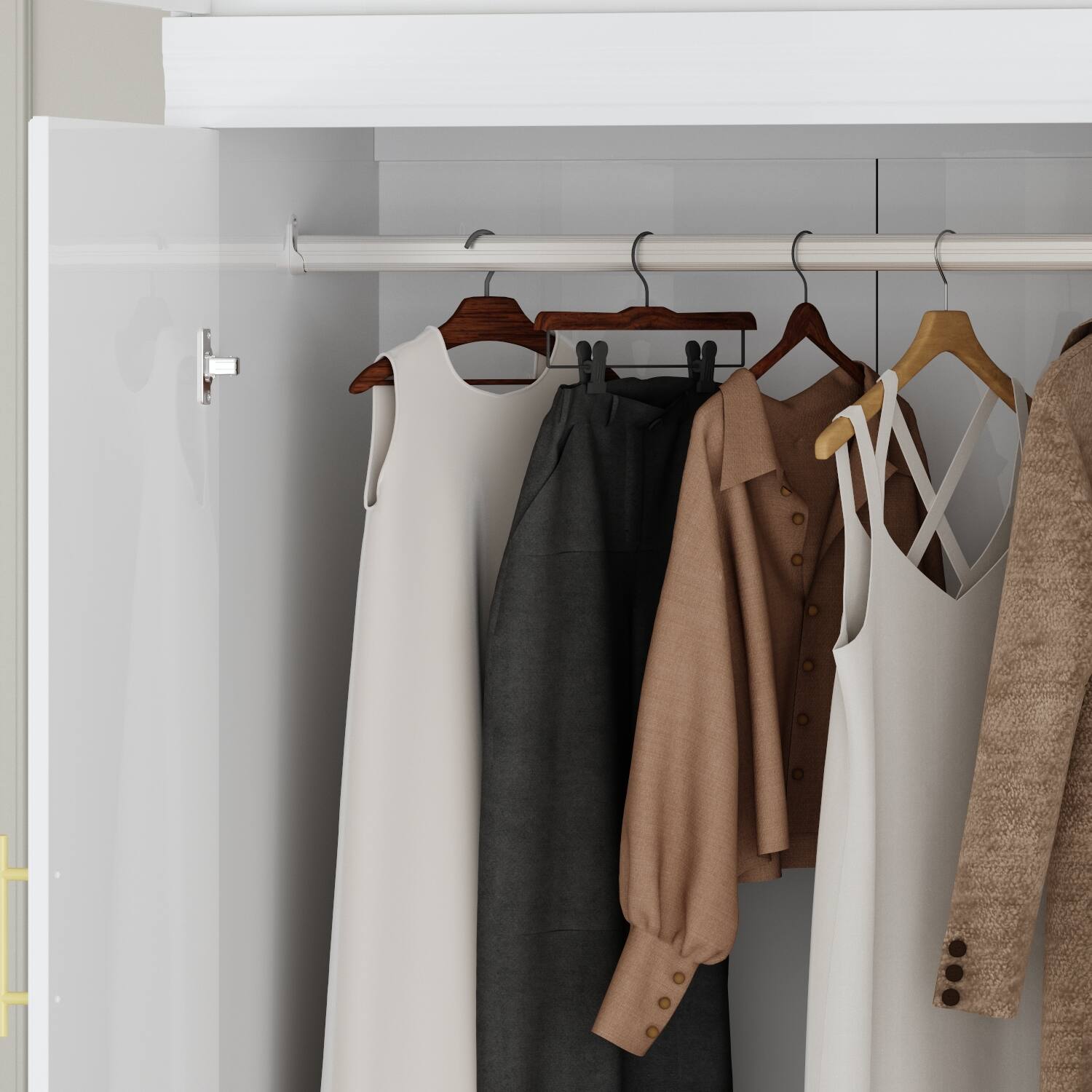 Alt View 3. Famapy - Extra-Large Wardrobe with Top Cabinet – White Closet with Gold Handles, Hanging Rods, Drawers & Shelving - White.
