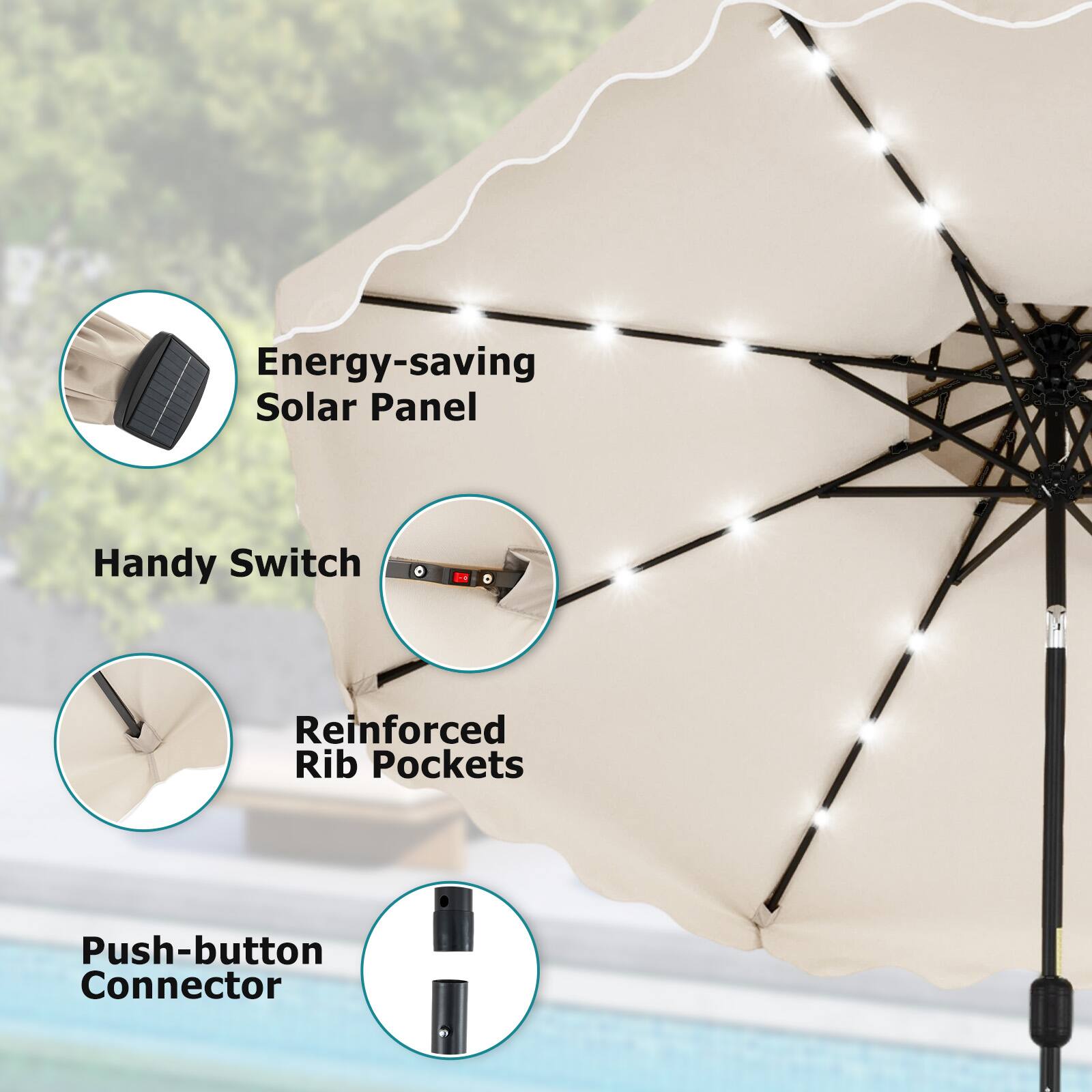 Energy-saving Solar Panel  
Handy Switch  
Reinforced Rib Pockets  
Push-button Connector