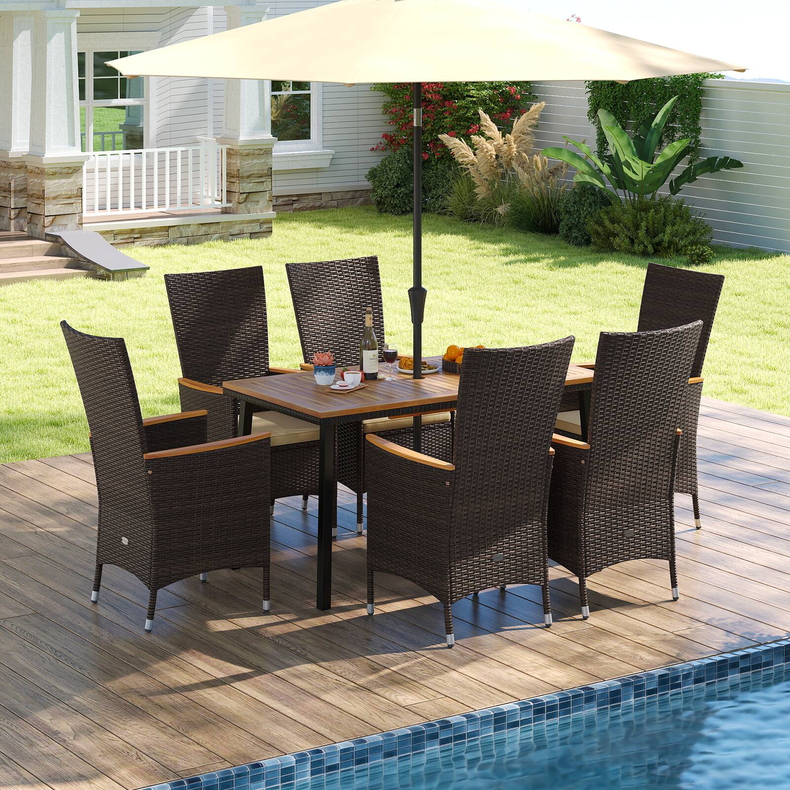 Alt View 4. Gymax - Gymax 7PCS Patio Wicker Armchairs Acacia Wood Table w/Umbrella Hole  Cushions Outdoor Beige - Brown.