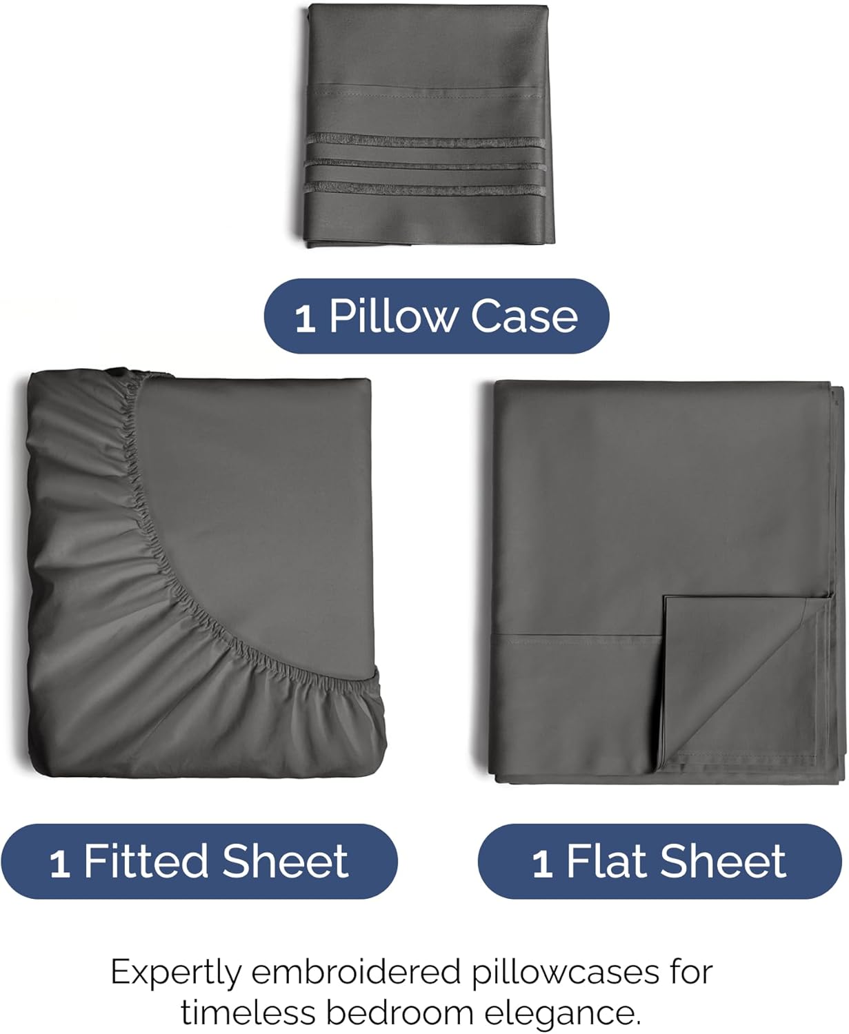 1 Pillow Case  
1 Fitted Sheet  
1 Flat Sheet  

Expertly embroidered pillowcases for timeless bedroom elegance.