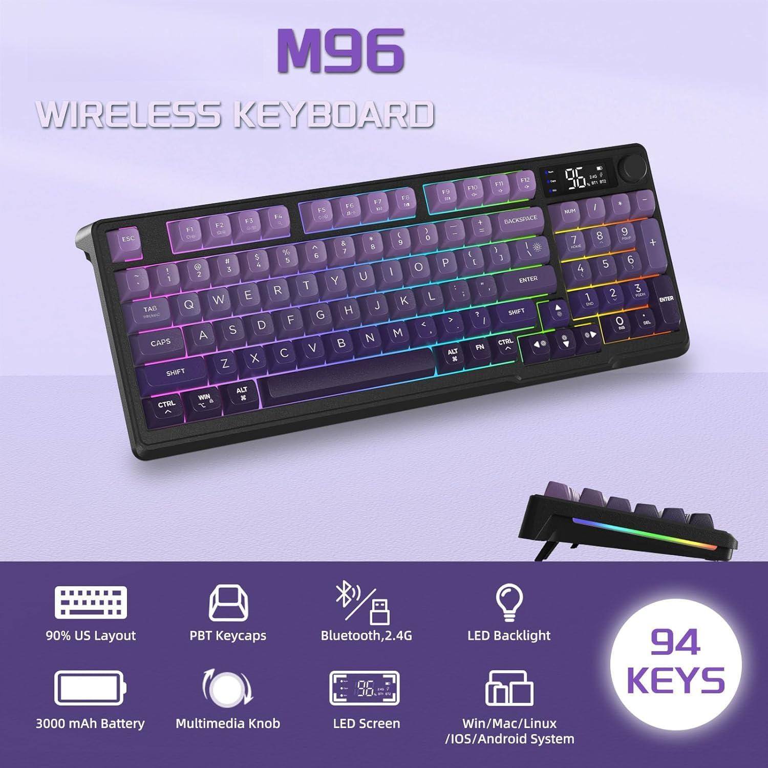 M96 Wireless Keyboard

- 90% US Layout
- PBT Keycaps
- Bluetooth, 2.4G
- LED Backlight
- 3000 mAh Battery
- Multimedia Knob
- LED Screen
- Win/Mac/Linux / iOS/Android System

94 Keys