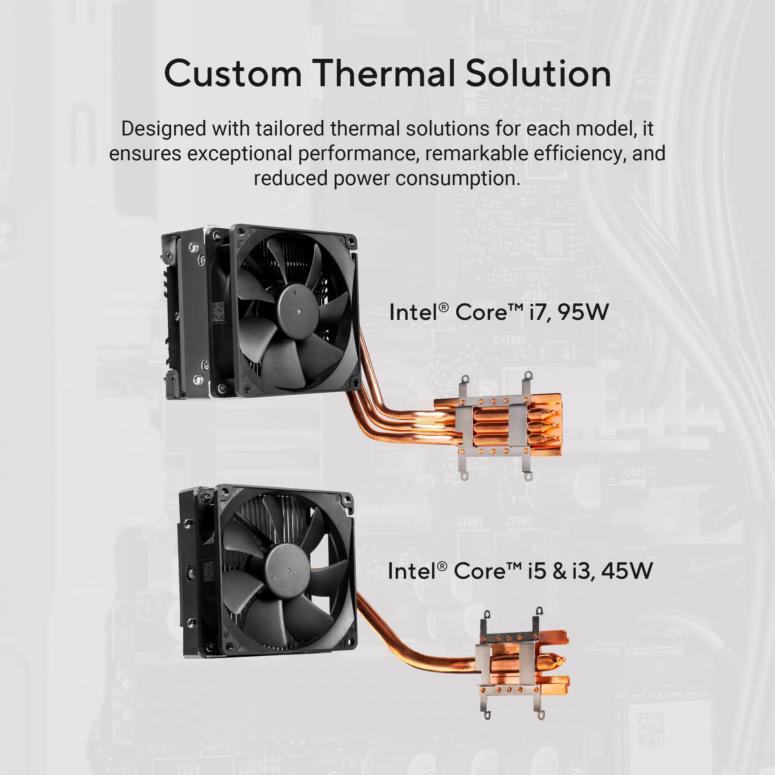 Custom Thermal Solution: Designed with tailored thermal solutions for each model, it ensures exceptional performance, remarkable efficiency, and reduced power consumption. Intel Core i7, 95W EATXOI J1881 J7901 J7983 Intel F Core i5 & i3, 45W 375W