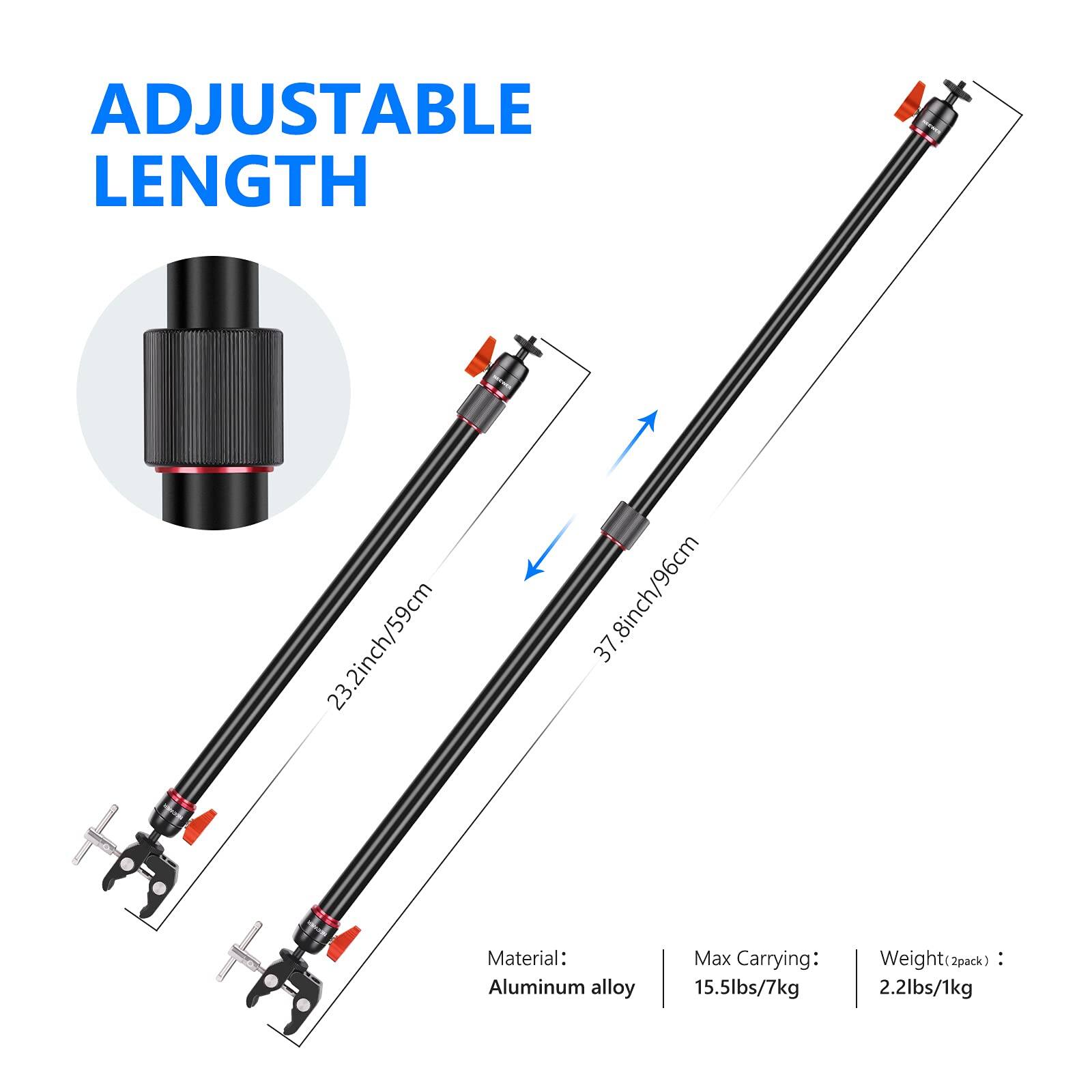 ADJUSTABLE LENGTH 23.2inch/59cm .8inch/96cm 37 Material: Aluminum alloy Max Carrying: Weight(2pack) : 15.5lbs/7kg 2.2lbs/1kg