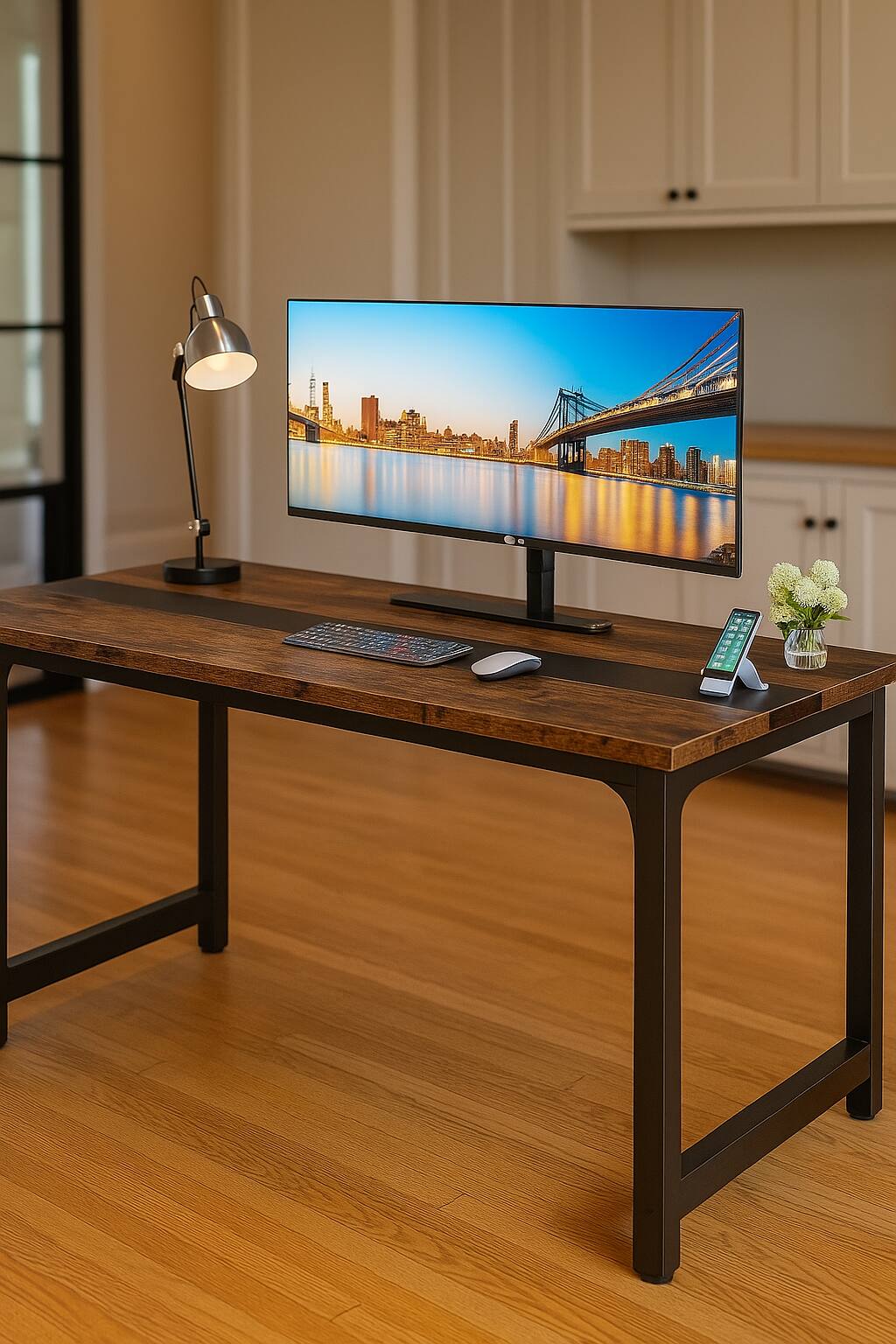 Front. Zell Electronics - 63 Inch Large Executive DeskWide Workstation with Extra Space for Home Office or Business Use - Brown+black.