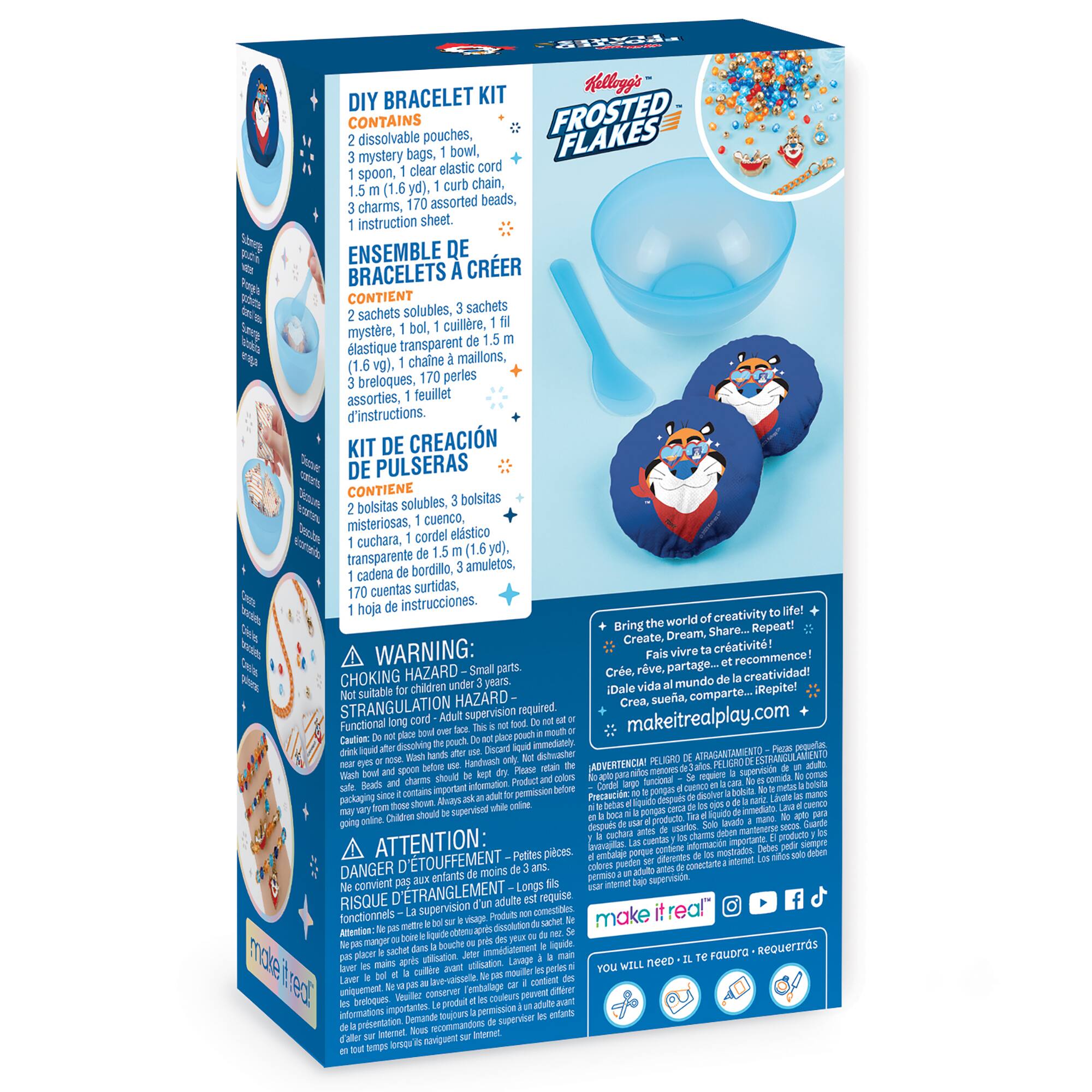 The box contains a DIY bracelet kit that includes a bowl, spoon, clear elastic cord, curb chain, 170 assorted beads, charms, and an instruction sheet. The kit is suitable for children over 10 years old and requires adult supervision. The kit is part of the Kellogg's Frosties brand and is designed to encourage creativity and sharing. The box also has a warning label stating that small parts may pose a choking hazard for children under 3 years old.