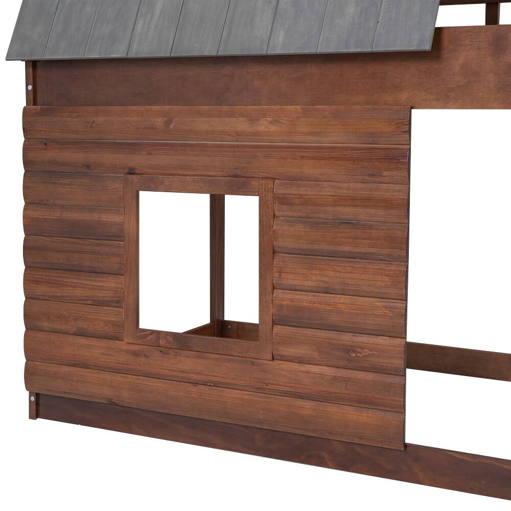Alt View 9. Loheer - Loheer Wood Twin Over Twin House Bunk Bed with Roof and Windows Oak - Oak & Smoky Grey.