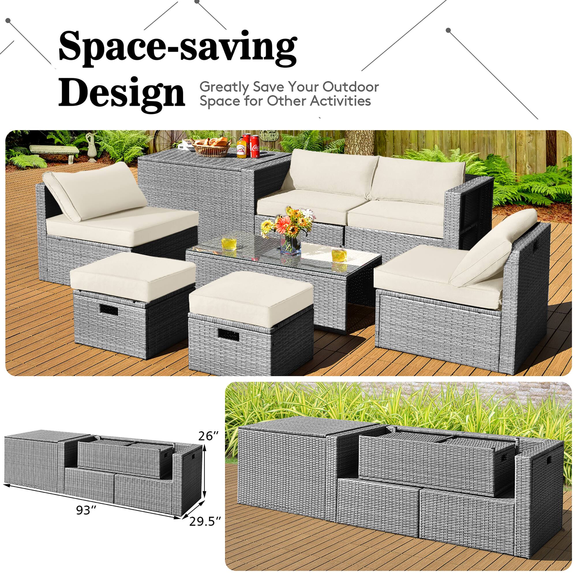 Space-saving Design  
Greatly Save Your Outdoor Space for Other Activities  

93" 29.5" 26"