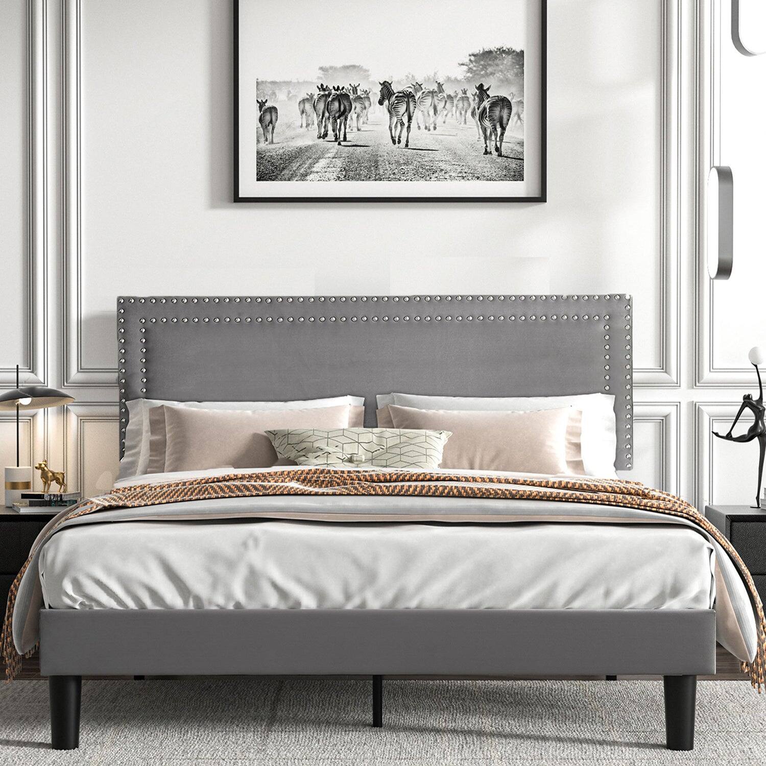 Front. Vecelo - Queen Size Platform Bed Frame with Adjustable Upholstered Headboard, Strong Wood Slat Support,No Box Spring Needed - Dark Gray.