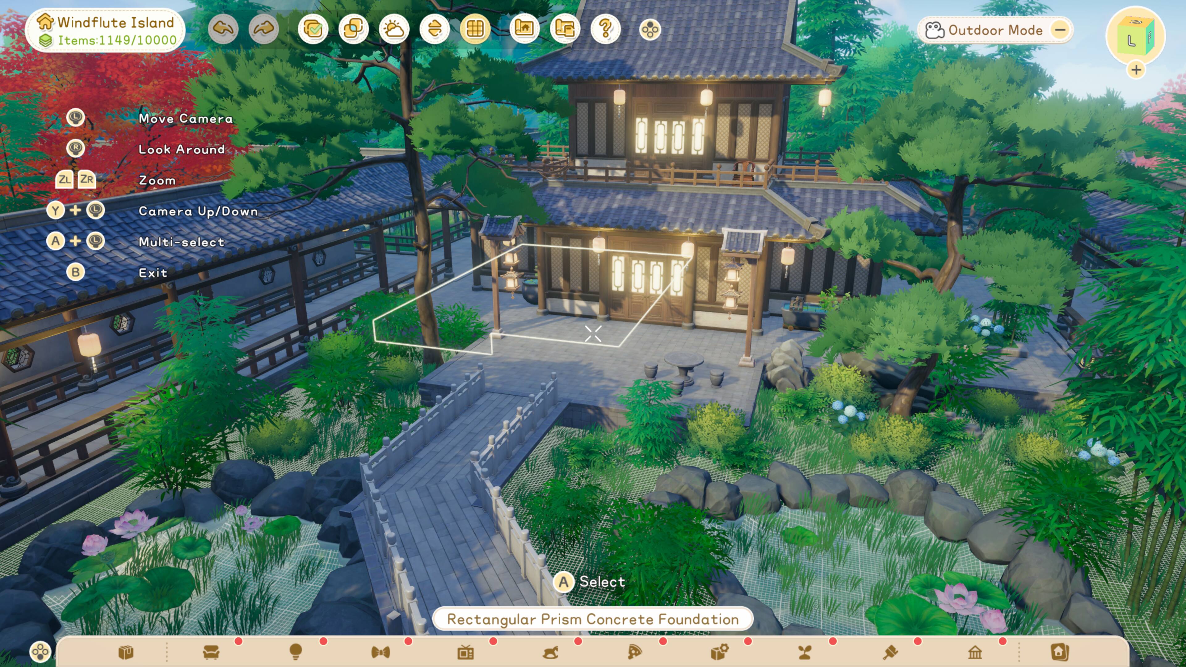 Windflute Island  
Items: 149/10000  

Outdoor Mode - L  
Move Camera R  
Look Around - ZL ZR  
Zoom - Y  
Camera Up/Down - A  
Multi-select - B  
Exit - A  

Select  
Rectangular Prism Concrete Foundation