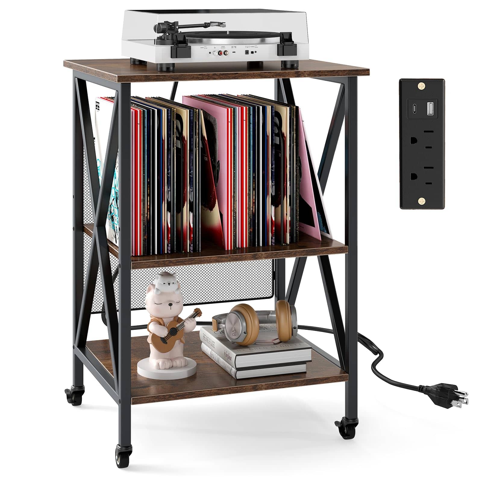 Ecooso - 3-Tier Record Player Stand with Charging Station, Adjustable Shelf, Turntable Storage - Rustic Brown + Black