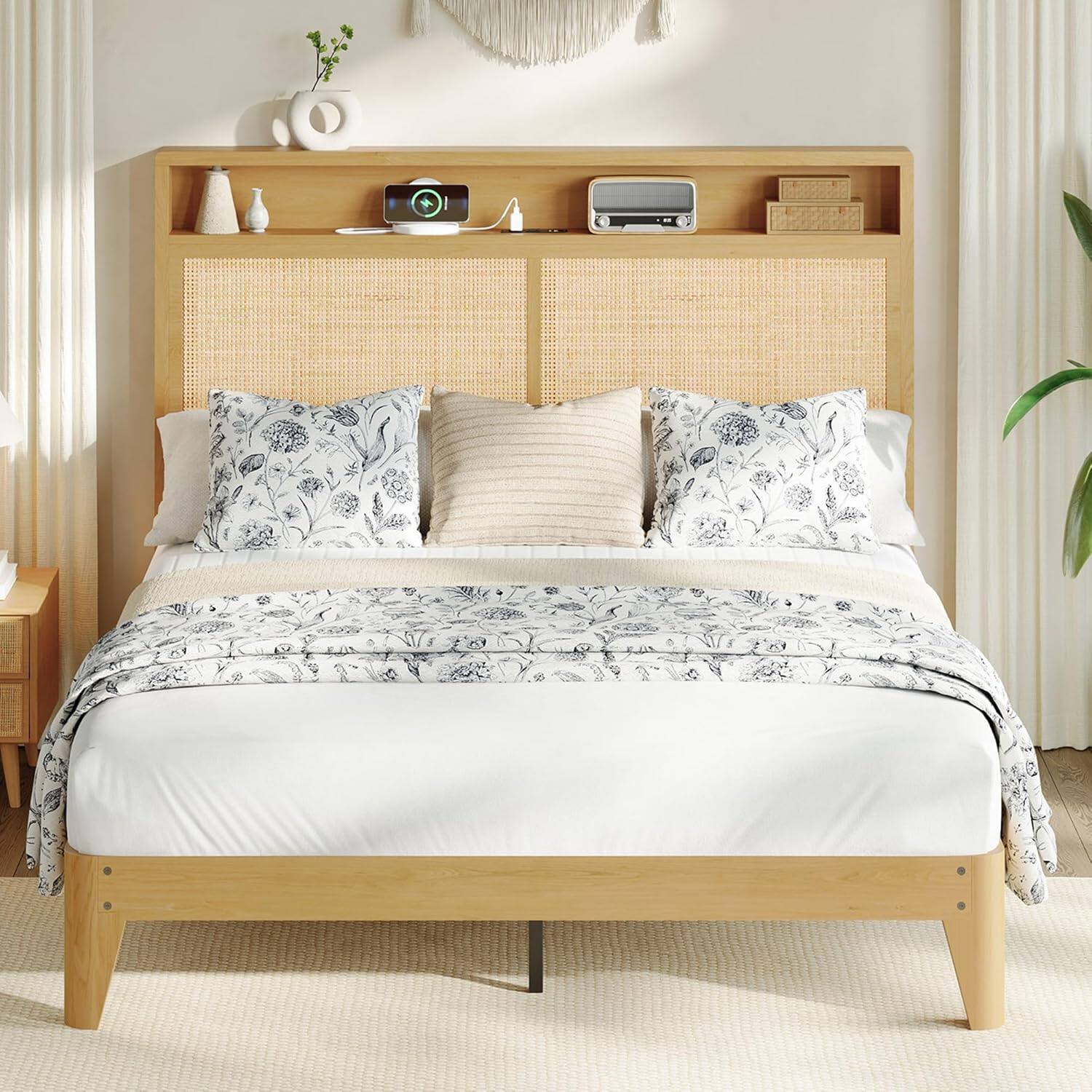 Front. Homhougo - Rattan Full Bed Frame with Natural Rattan Headboard, Bohemian Platform Bed with LED Lights, Charging Station & Storage - Natural.