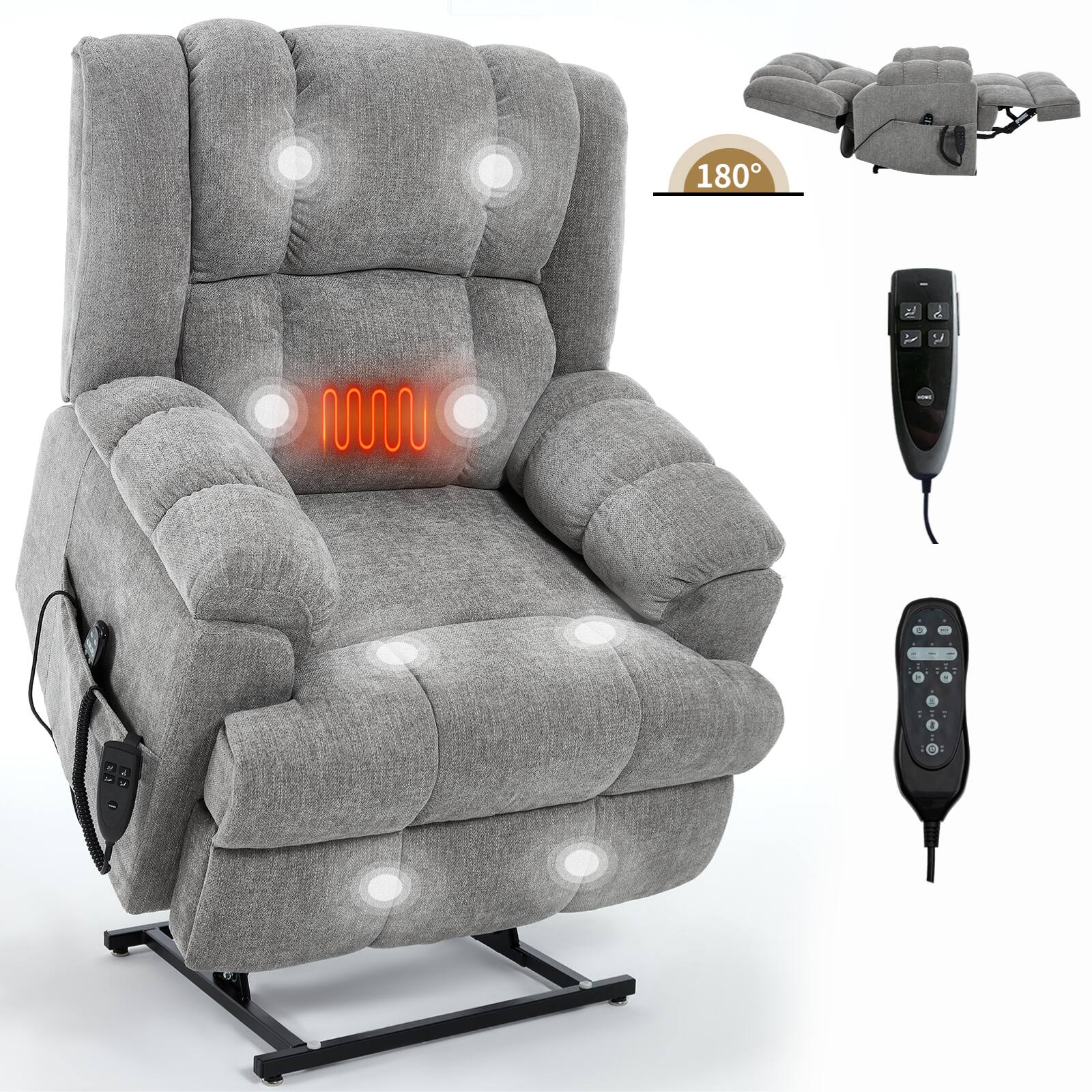 Back. APRILSOUL - Dual Motor Heat Massage Electric Power Lift Recliners with Remote Medium firm Heavy Duty Light Grey - Gray.