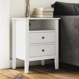 RoyalCraft - Fluted 2 Drawer Nightstand, Bedroom Table w/ Charging Station - White