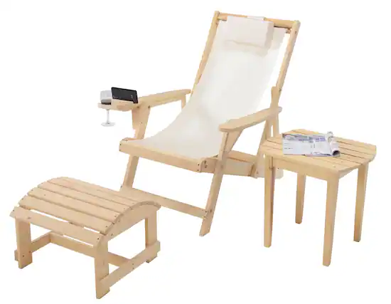 Front. Jiallo - Romantic Collection Canvas Sling Chair with Cup and Wine Holder and Ottoman (Set of 3) - Natural color with beige fabric.