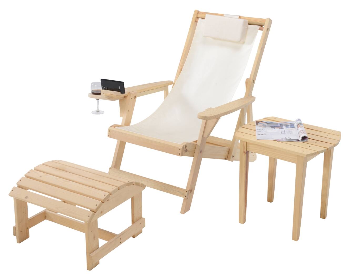 Front. Jiallo - Romantic Collection Canvas Sling Chair with Cup and Wine Holder and Ottoman (Set of 3) - Natural color with beige fabric.