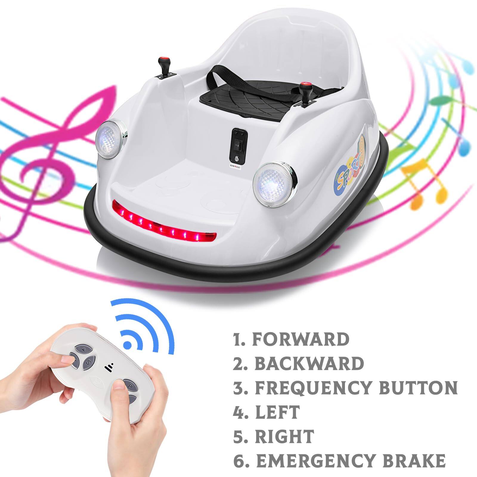 1. FORWARD  
2. BACKWARD  
3. FREQUENCY BUTTON  
4. LEFT  
5. RIGHT  
6. EMERGENCY BRAKE
