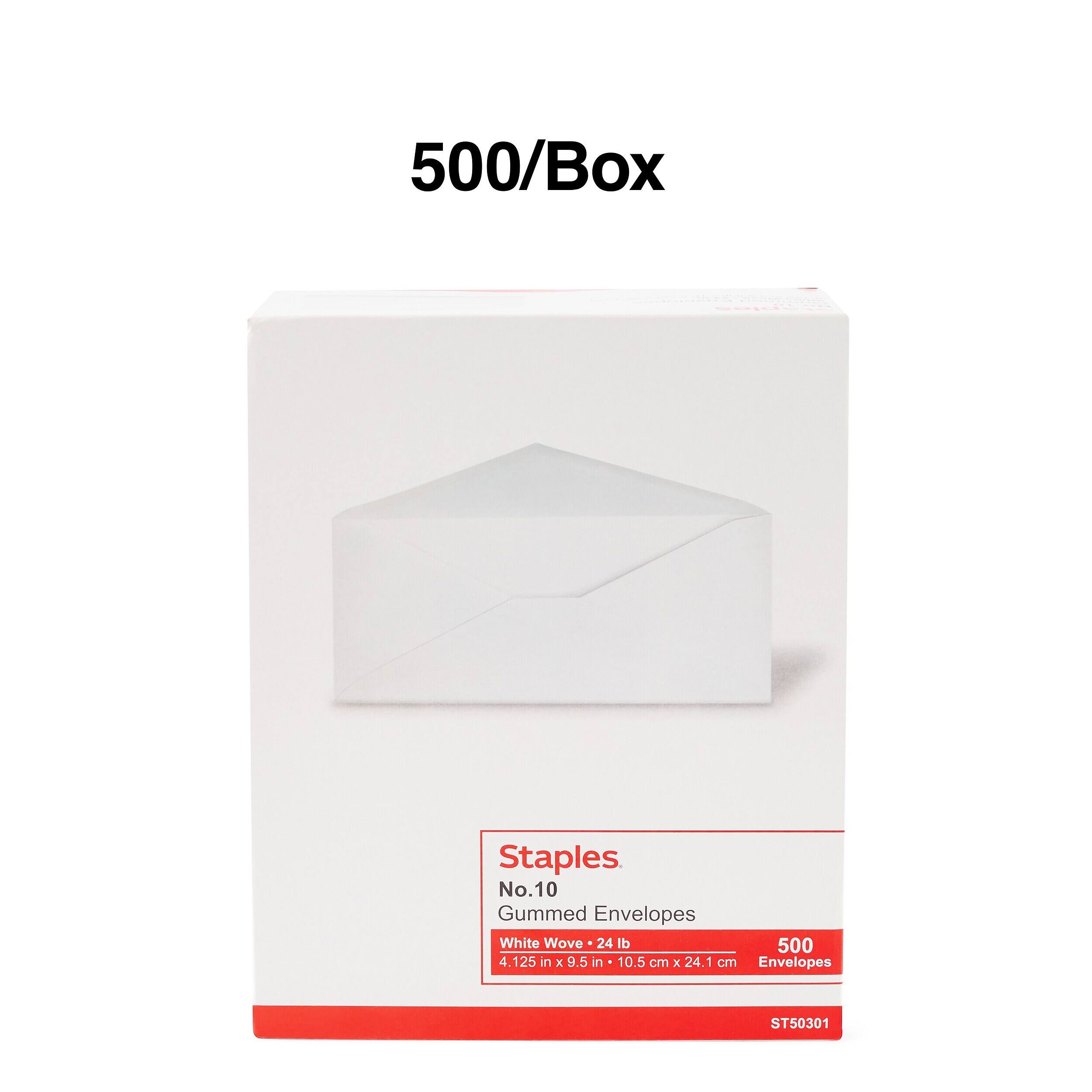 500/Box  
Staples No.10 Gummed Envelopes White Wove 24 lb 4.125 in x 9.5 in 10.5 cm x 24.1 cm Envelopes  
ST50301